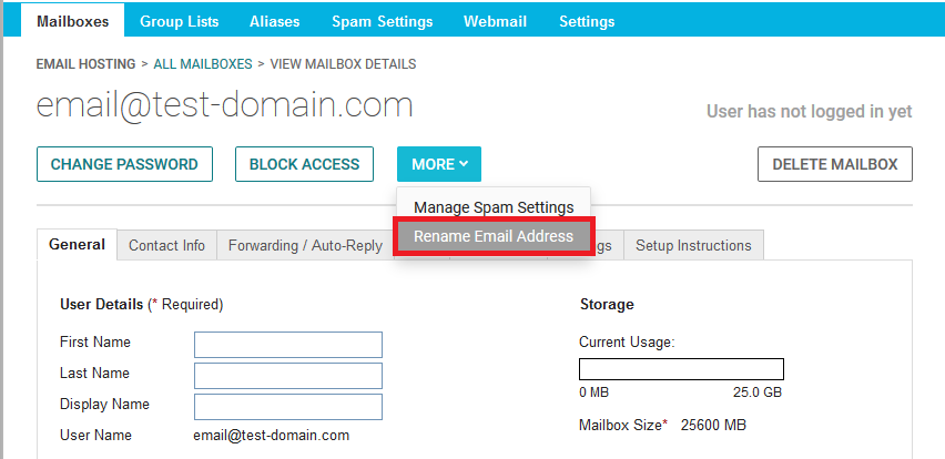 rename email link highlighted