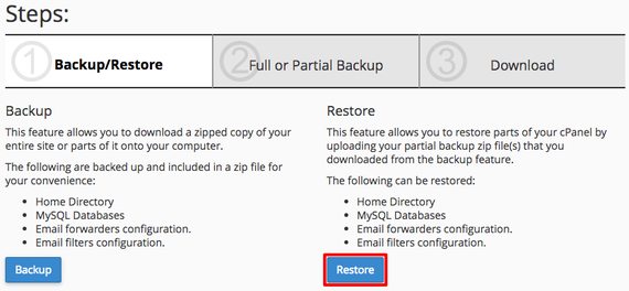 restore button highlighted