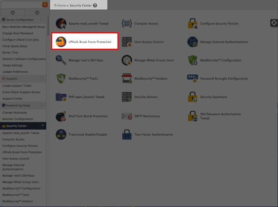 cphulk link in security center of whm