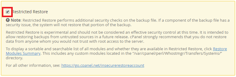 restricted restore check box