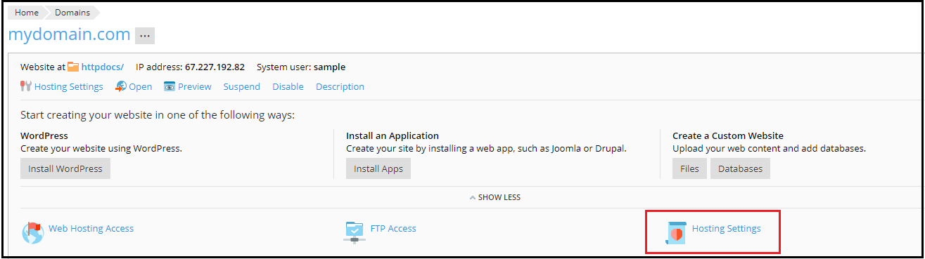 hosting settings button