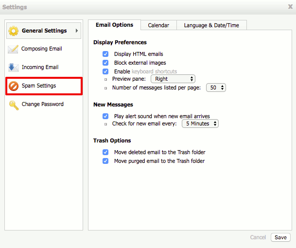 webmail settings popup