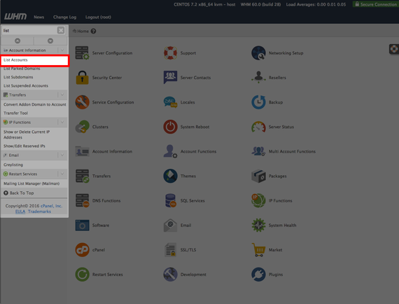 list accounts link highlighted in menu