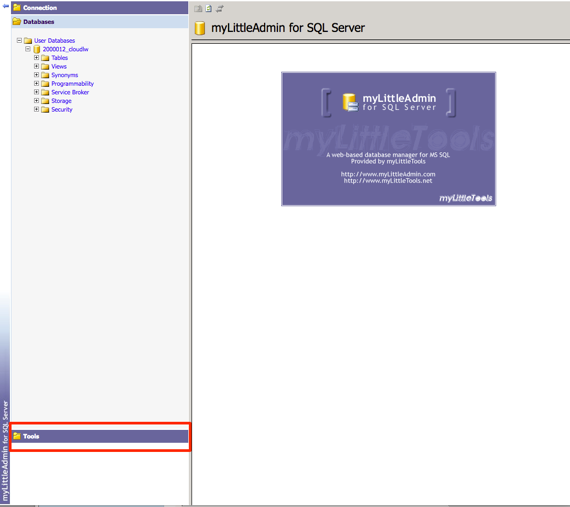 tools link highlighted on phpmyadmin home page