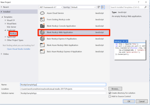nodejs and blank web application highlighted