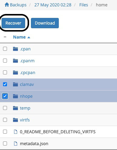 recover button highlighted