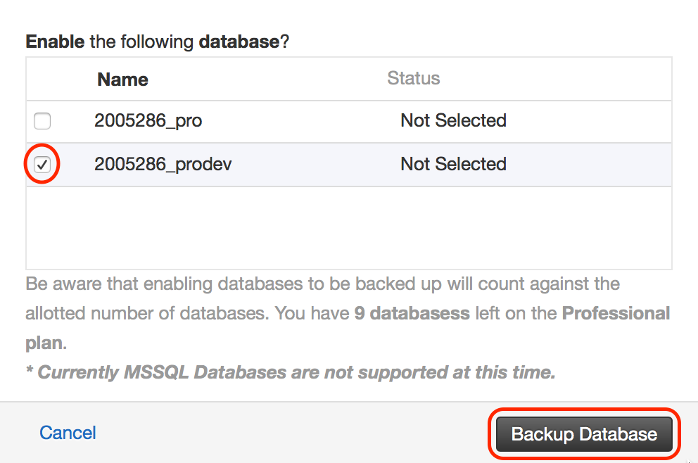 Select the databases to backup