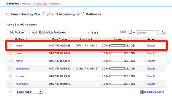 user highlighted in list