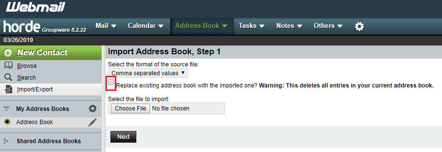 check box to replace address book