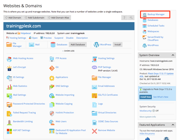 backup manager link highlighted