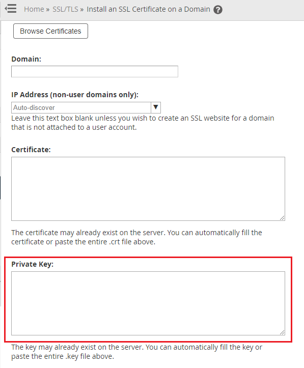 private key highlighted on installation page