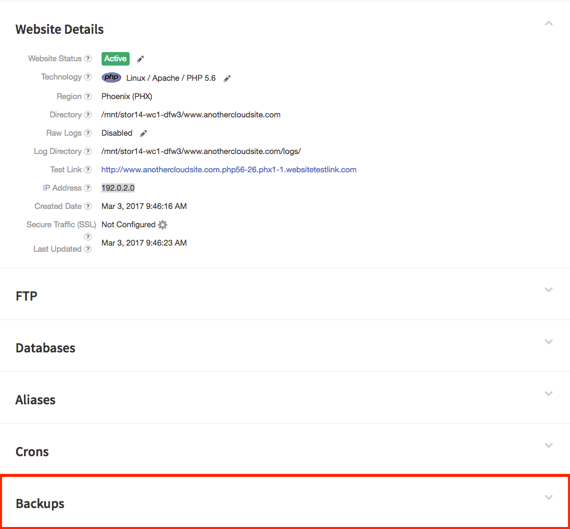 backup section highlighted