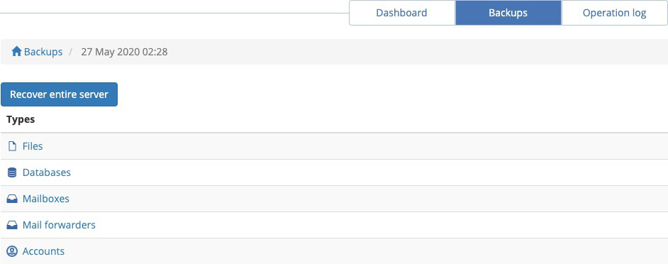 screen shot of available backup product types