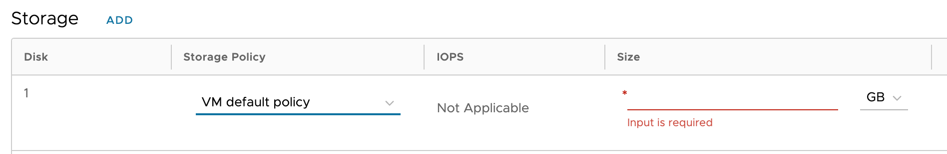storage policy screen for new vms