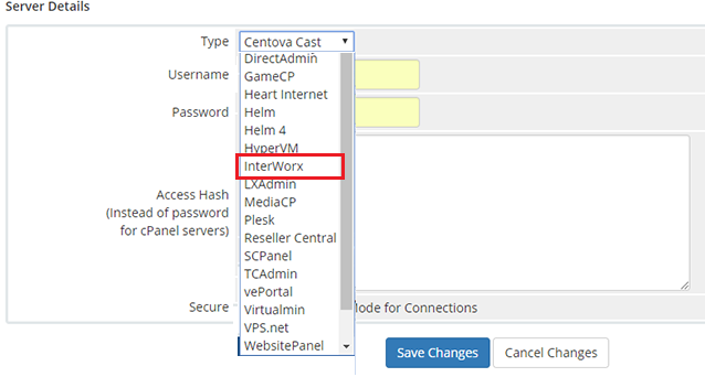 selecting interworx dropdown menu