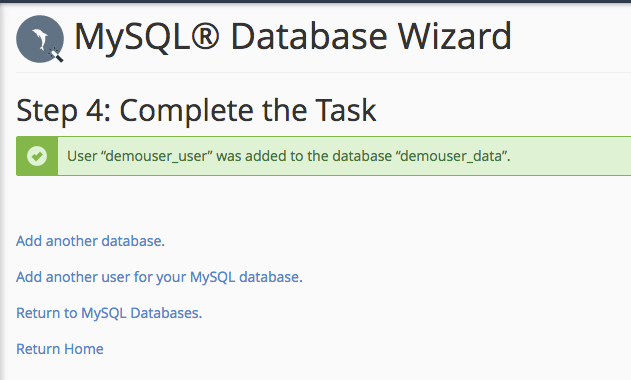 success message for database create