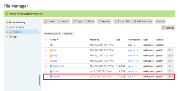 new file created highlighted in list