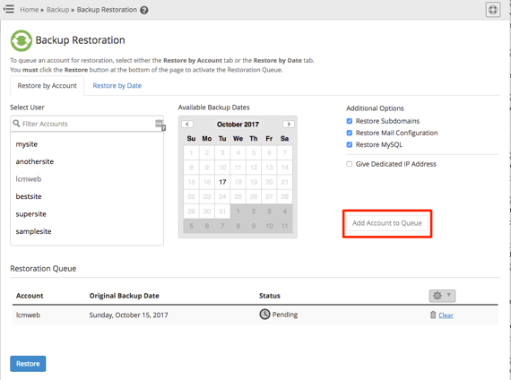 add account to queue button highlighted