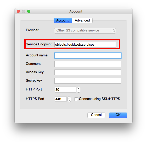 service endpoint entered and highlighted