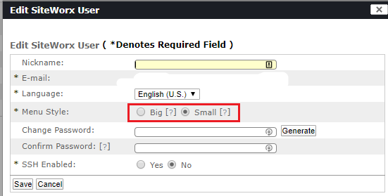 siteworx menu style selection screen