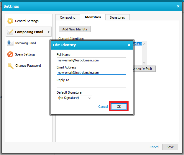 new identity information in webmail