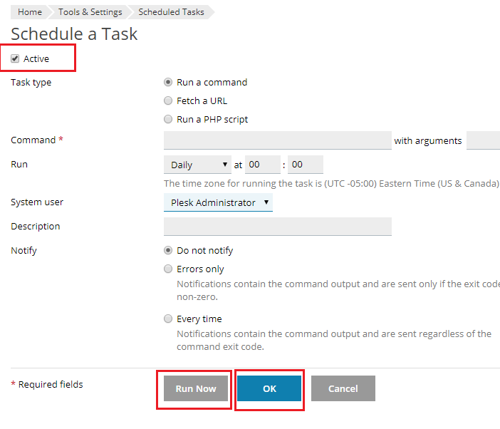 ok button highlighted in scheduled task screen