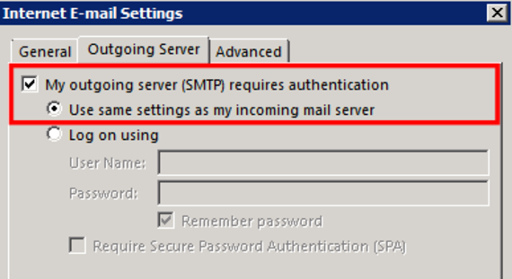my outgoing server SMTP requires authentication button highlighted