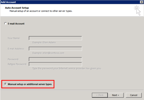 manual setup or additional server types highlighted