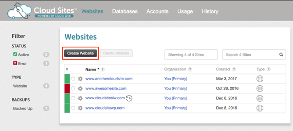 create new site button highlighted