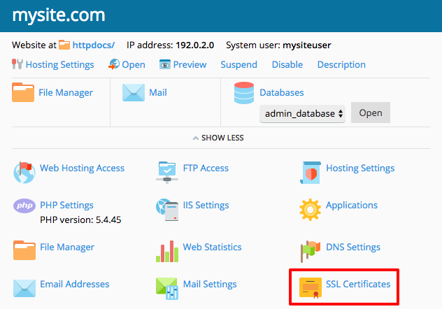 SSL certificates dashboard