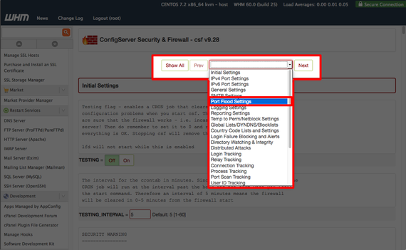 port flood settings highlighted in drop down menu