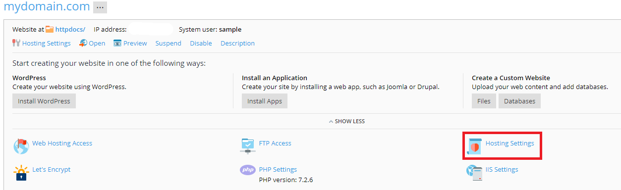 hosting settings link