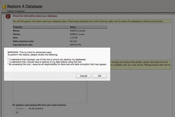 restore warning popup