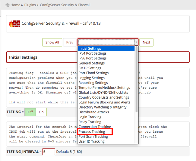 drop-down menu showing process tracking highlighted