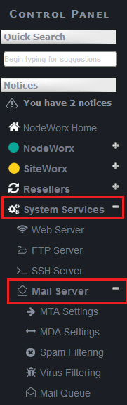 mail server links highlighted