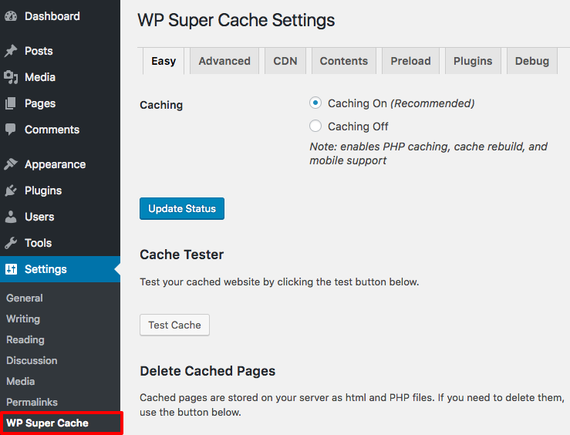 wp super cache settings on wp-admin