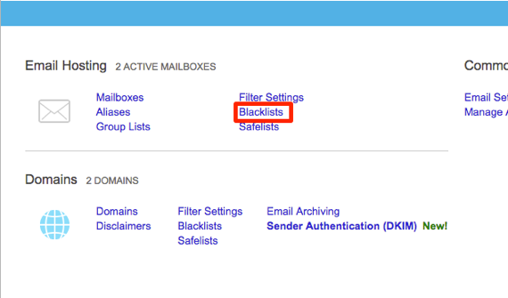 blacklist link highlighted in email section
