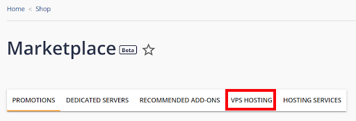 marketplace options with vps hosting highlighted