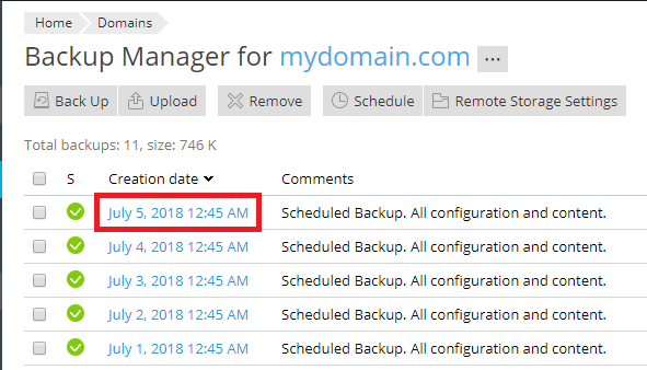 backup date highlighted