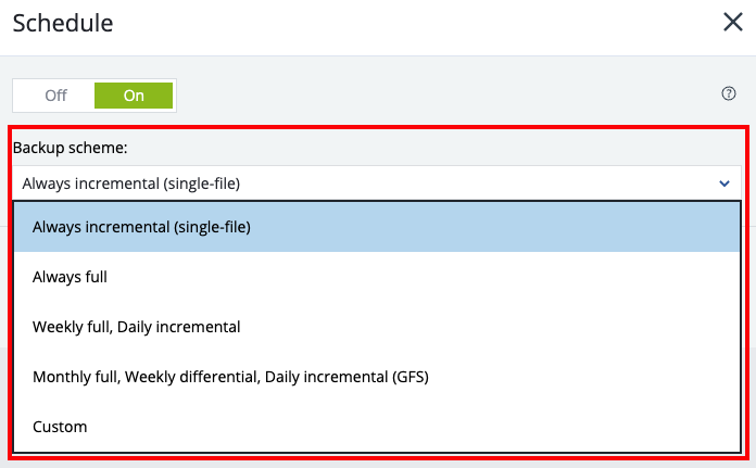 backup scheme drop-down menu