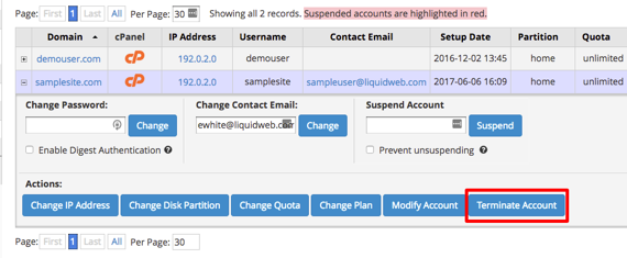 terminate account button highlighted