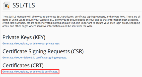 generate view upload or delete ssl certificates link highlighted