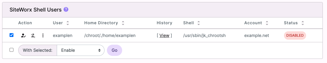 Interworx shell users list with "enable" highlighted