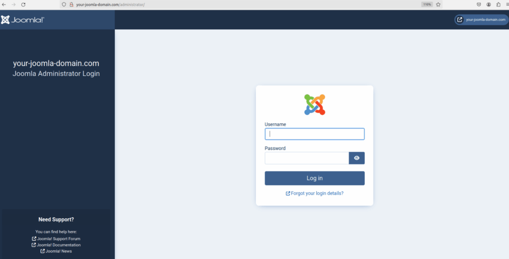 Then, click Open Administrator to view the Joomla administrator login screen.
