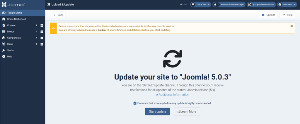 For example, you will receive the message about the Joomla 5.0.3 update as shown if you are using Joomla 5.0.0.