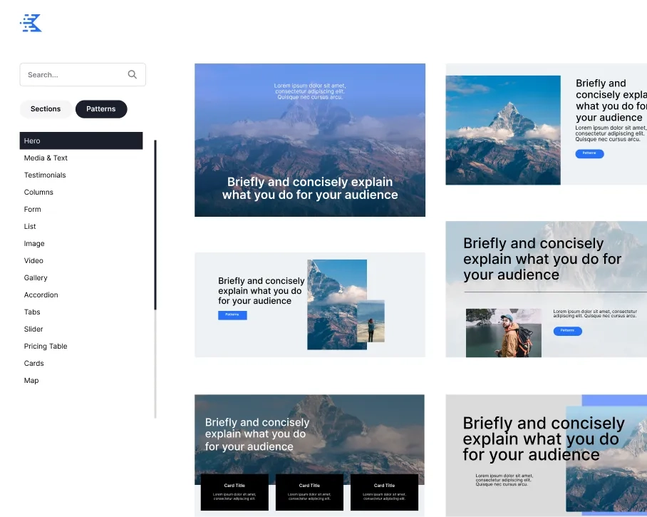 Snapshot of the Kadence AI library, with sections and patterns you can click to add to your WordPress site. 