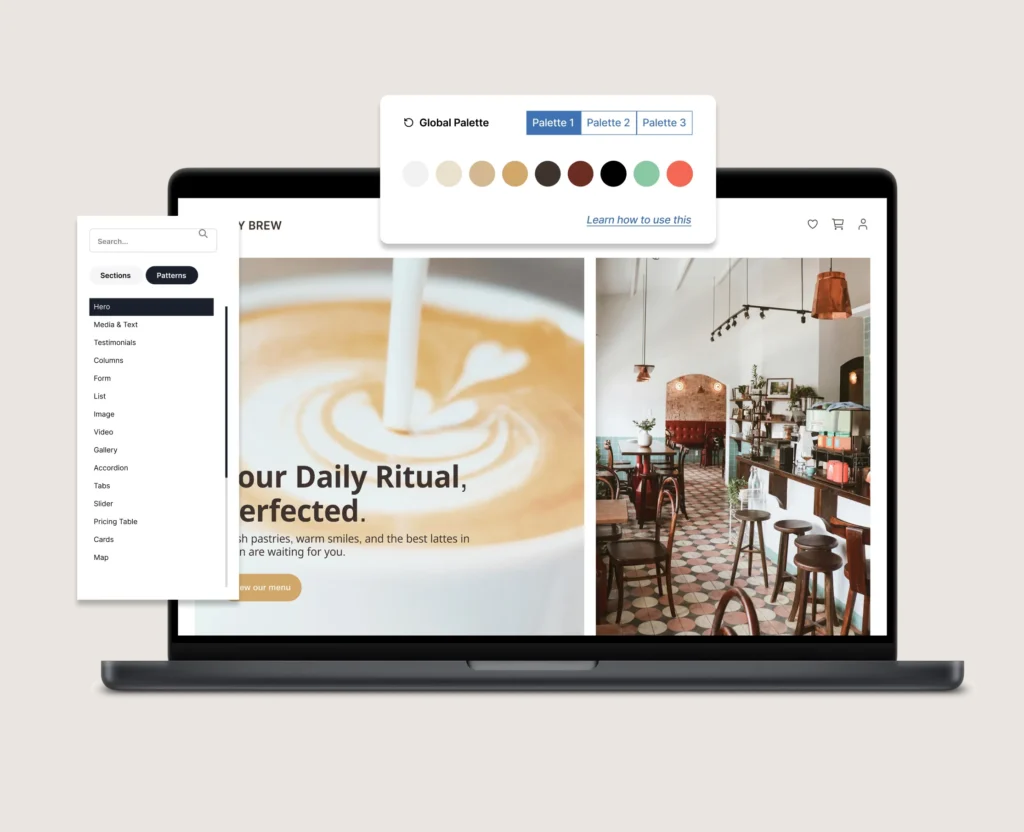 An open laptop shows a website being created with Kadence, a premium WordPress theme and plugin suite.