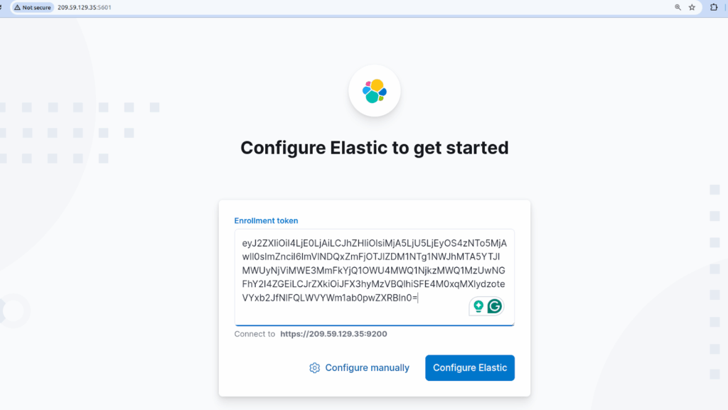 Next, copy the enrollment token, paste it into the field, and click the Configure Elastic button.