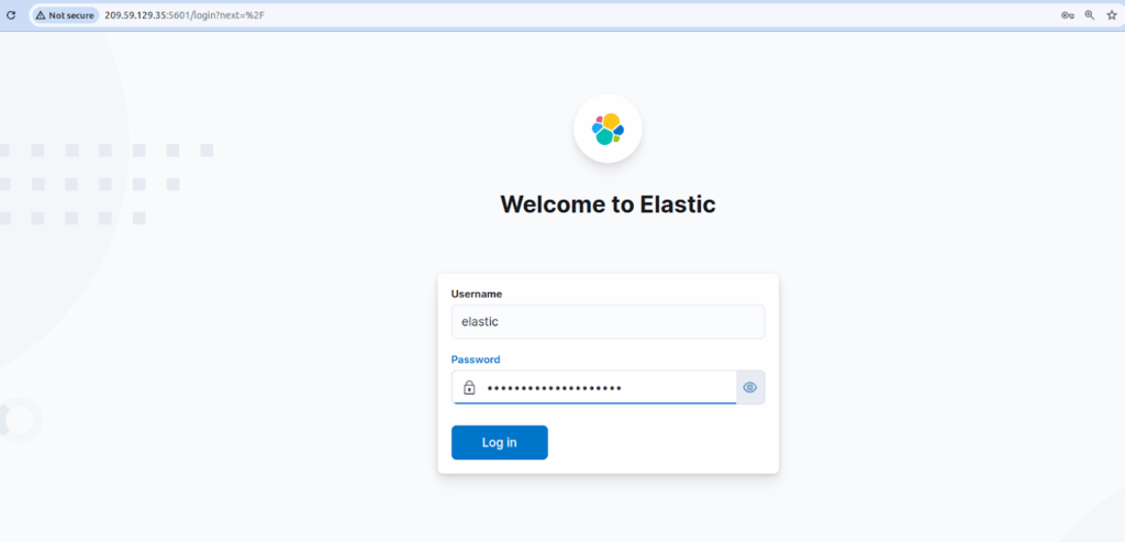 Enter your username with the corresponding password and click the Log In button to go to the Kibana dashboard.