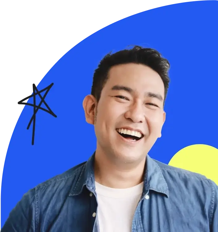 A man with sideburns and a collared shirt smiles next to a star.